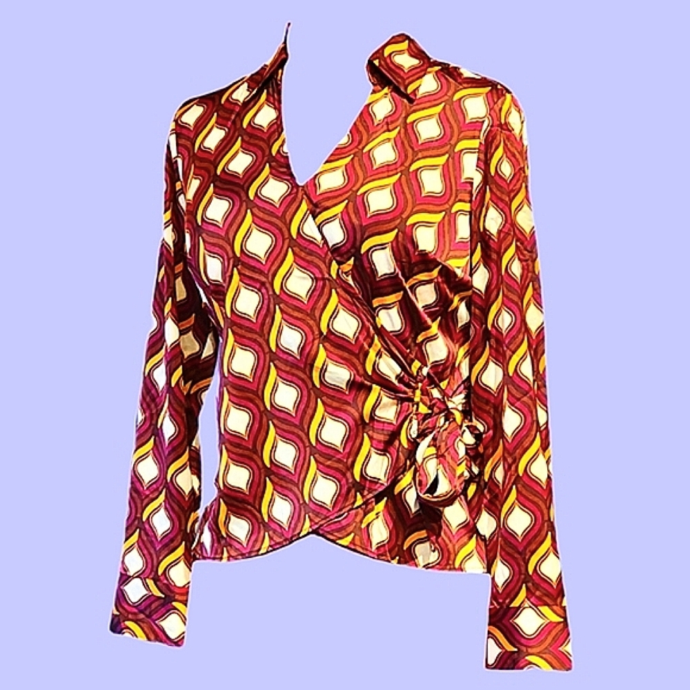 Burgundy Red & Yellow Satin Long-Sleeve Wrap Blouse Size XS